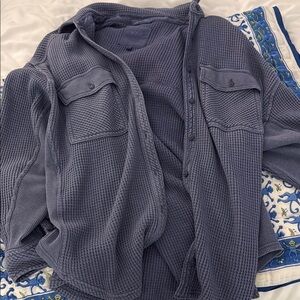 Blue Waffle Knit Button-Up/Cardigan